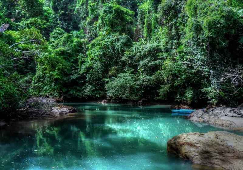 A clear turquoise river running through dense rainforest